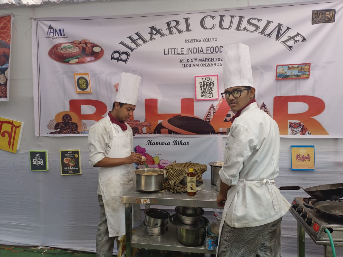 Chefs preparing litti at the Bihari Cuisine counter — Little India Food Fest, IHM-Hyderabad · March 2023