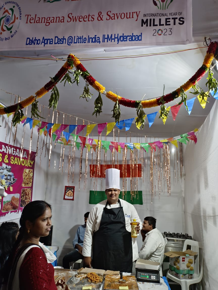 Chef at the festival counter with Rushikulya oil — Ek Bharat Shreshtha Bharat · International Year of Millets 2023