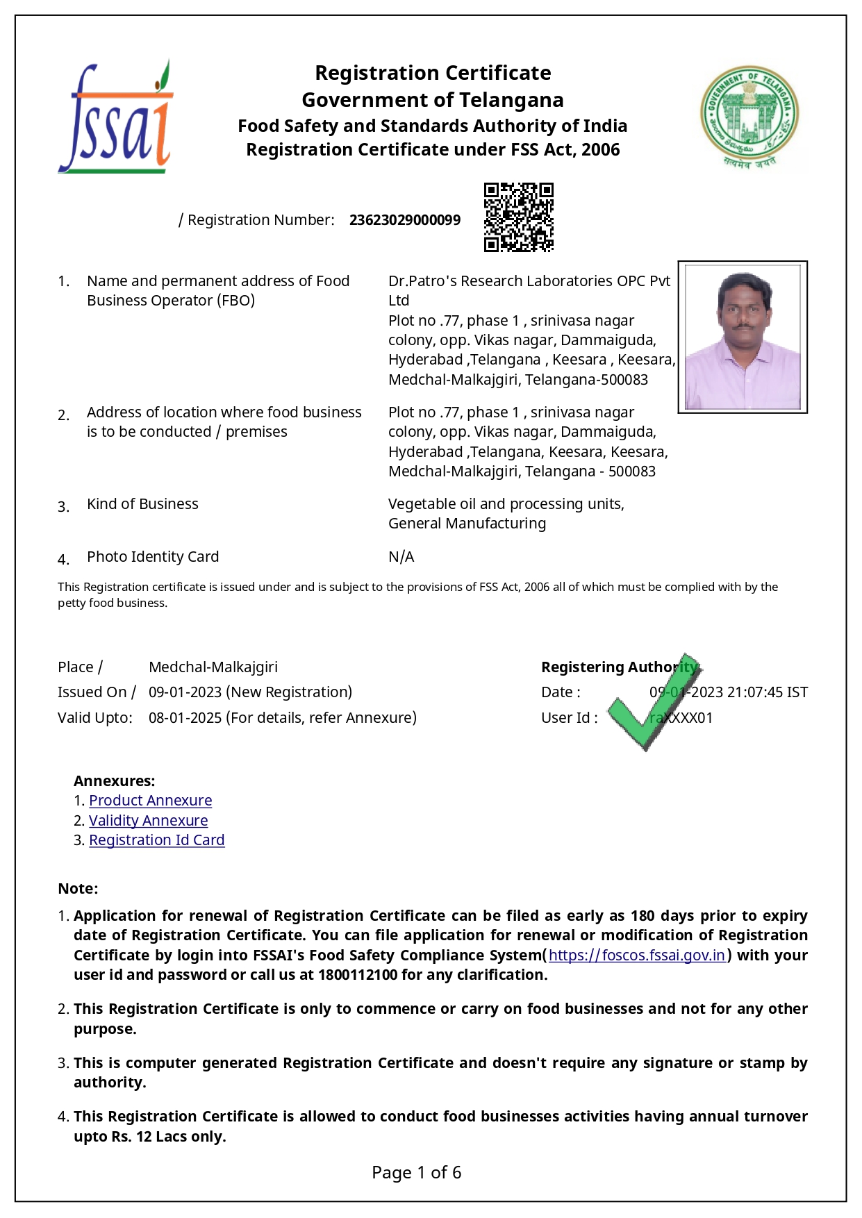 FSSAI Registration Certificate — preview of page 1