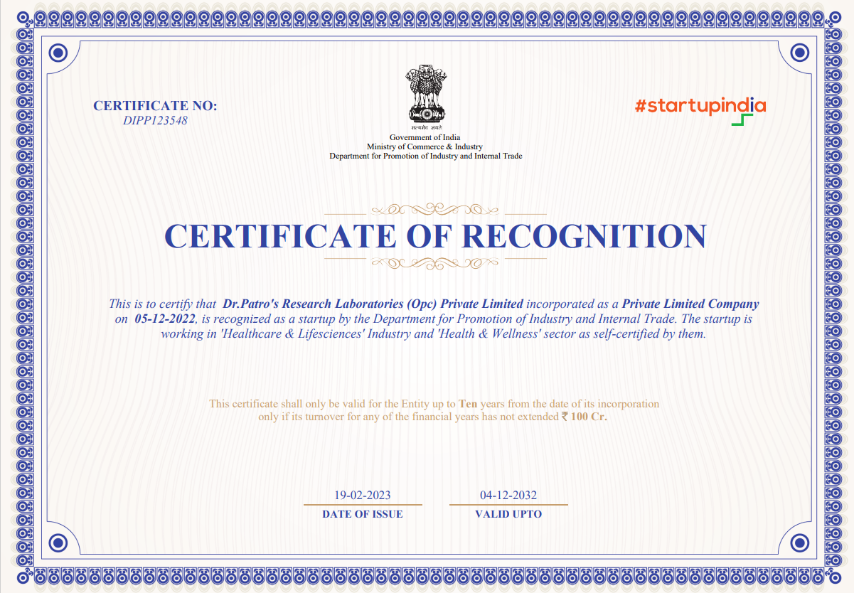 Startup India — Certificate of Recognition — preview of page 1