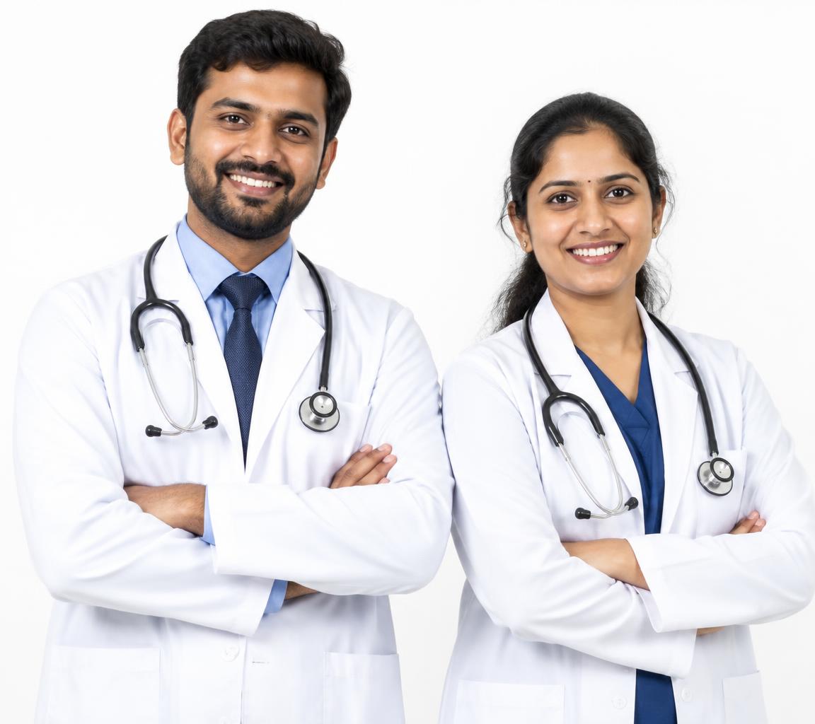 Smiling doctors in white coats