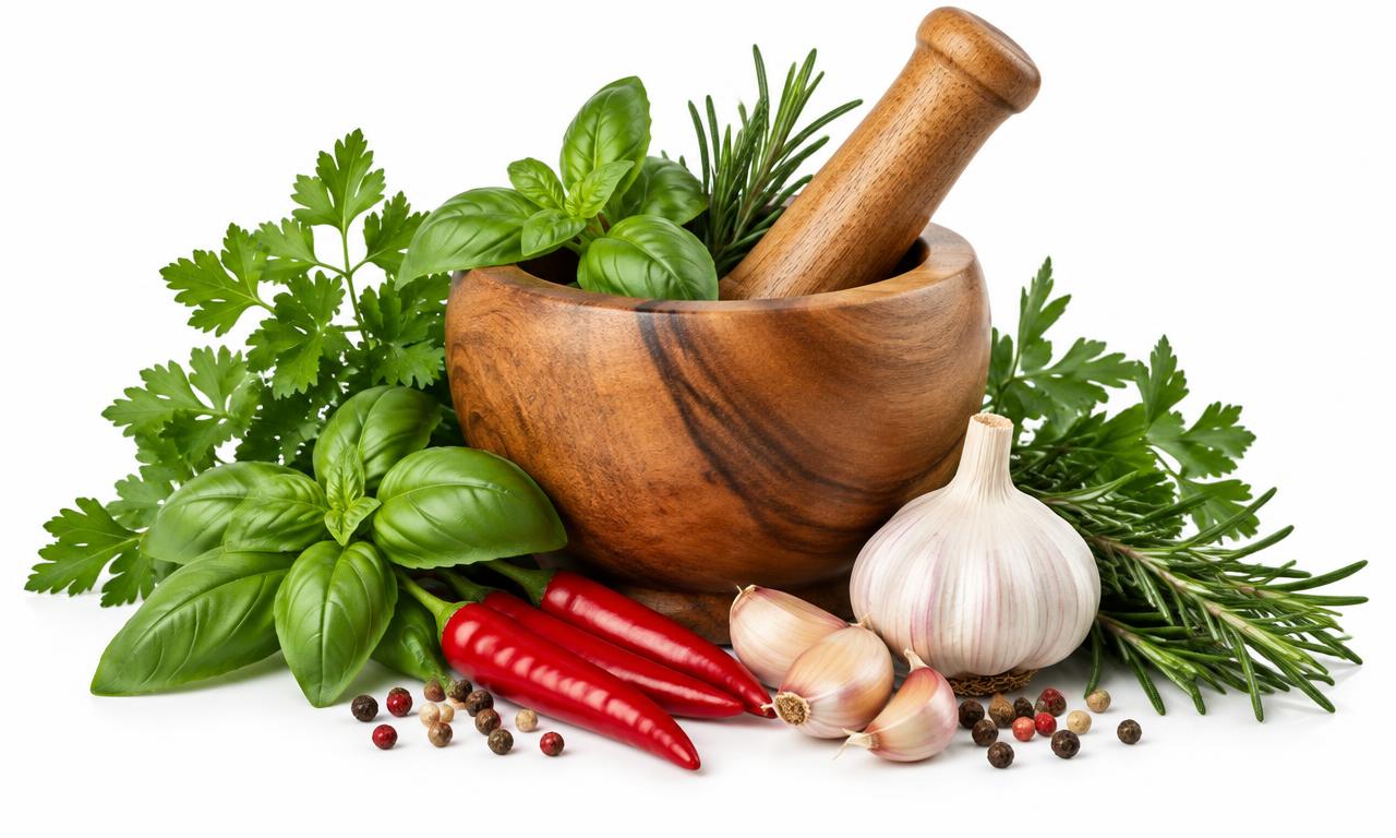 Mortar and pestle with fresh herbs