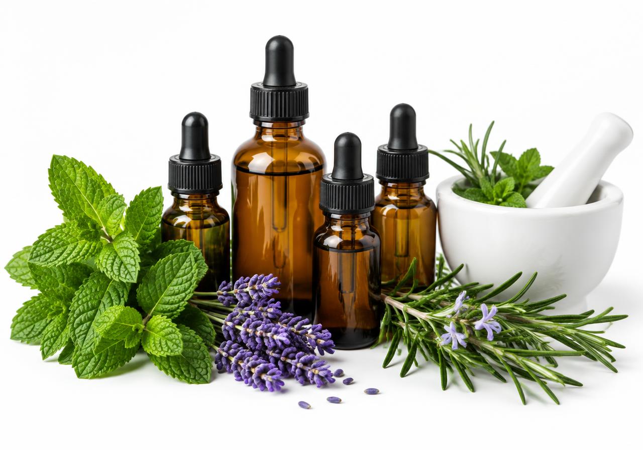 Herbal oil bottles with fresh herbs
