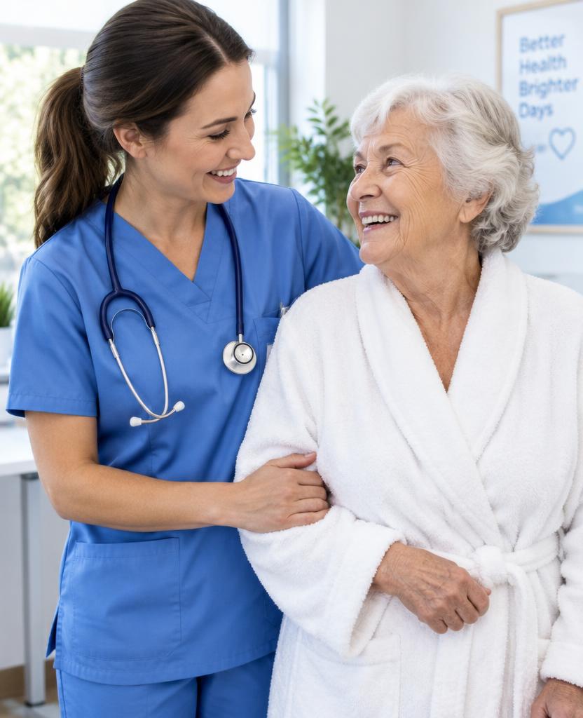Nurse helping a smiling elderly woman